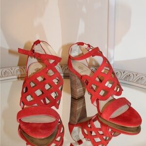Isola Despina Red Laser Suede-Cut Sandals with Block Heel
